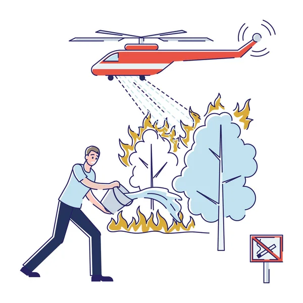 Concept Of Forest Wildfire, Rescue Forest And Animals From Fire. Global Catastrophe, Climate Cataclysm. Volunteers Extinguishing Fire, Rescuing Animals.Cartoon Outline Linear Flat Vector Illustration — Stock Vector