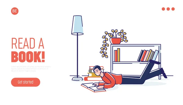 Conceito de Educação, Ler Livros. Página de desembarque do site. Fãs ou Amantes da Literatura. Personagem masculino leitura de livros no chão em casa. Web Page Desenhos animados Linear Outline Flat Style. Ilustração vetorial —  Vetores de Stock