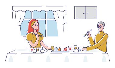 Mutlu Paskalyalar. Mutlu Baba, Paskalya Yumurtalarını Kızıyla Evde Süsledi. İnsanlar birlikte zaman geçiriyorlar. Tatile hazırlanıyorlar. Çizgi film Ana Hattı Doğrusal Düz Vektör Çizimi