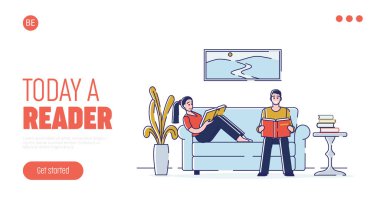 Eğitim kavramı, kitap okumak. Web sitesi İniş Sayfası. Öğrenciler Kitap Festivali. İnsanlar öğreniyor, evde koçla ilgili kitaplar okuyor. Web Sayfası Çizgi Filmi Çizgisel Düz Vektör İllüstrasyonu
