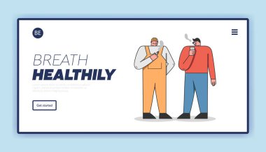 İnsan kötü alışkanlığı, sağlık sigortası ve sigara bağımlılığı kavramı. Web sitesi İniş Sayfası. Erkekler molada halka açık yerlerde sigara içiyorlar. Web Sayfası Çizgi Filmi Doğrusal Düz Vektör İllüstrasyonu