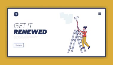 İç Tasarım, Tamir, Ev Yenileme ve Web Sitesi İniş Sayfası. Boya Roller Web Sayfası Afişi ile Merdiven Boyama Duvarında Kız İşçi Duruyor. Çizgi film Düz Vektör İllüstrasyonu, Satır Sanatı