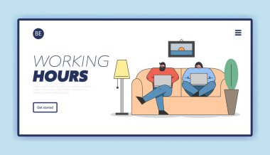 Freelance, Remote Work And Self-Employment Concept. Website Landing Page. Busy Freelance People Working On Laptops Sitting On The Sofa. Web Page Cartoon Linear Outline Flat Style. Vector Illustration clipart