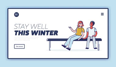 Hastalık Önleme, Çocukların Bağışıklık Prosedürü Web Sitesi İniş Sayfası. Hastane Web Sayfasında Sağlık Bakımı ve Aşı Bekleyen Çocuklar. Çizgi film Düz Vektör İllüstrasyonu, Satır Sanatı