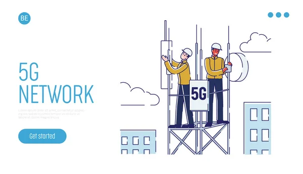 Concepto de tecnología de red 5G para el trabajo y la comunicación. Página de destino del sitio web. Los trabajadores de la torre repetidora están instalando Internet de alta velocidad. Página web Dibujos animados Esquema lineal Ilustración de vectores planos — Vector de stock