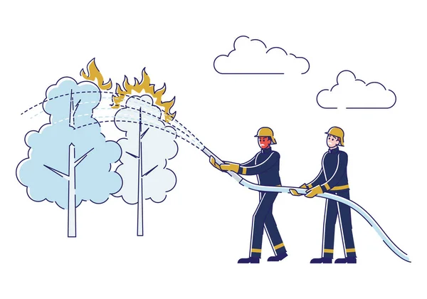 Prevención de incendios forestales Concept.People bosque de rescate de incendios. Catástrofe Global, Cataclismo Climático. Brigada de bomberos están extinguiendo el fuego forestal. Dibujos animados Esquema lineal plana Vector Ilustración — Vector de stock