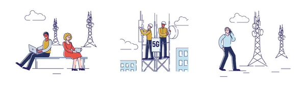 Concepto de tecnología inalámbrica 5G.La gente usa Internet 5G para la comunicación y el trabajo. Los trabajadores de la torre repetidora están instalando Internet de alta velocidad. Conjunto de ilustraciones de vectores planos de contorno lineal de dibujos animados — Vector de stock