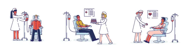 献血、保健和医药概念。人们在医疗实验室捐血给血库。护士协助这一进程。一套卡通线形轮廓扁平风格.四、病媒说明 — 图库矢量图片