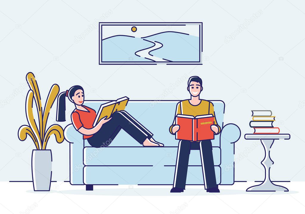 Concept Of Education, Read Books. Literature Fans or Lovers. Book Festival of Students. People are Learning, Reading Books On the Coach At Home. Cartoon Linear Outline Flat Style. Vector Illustration