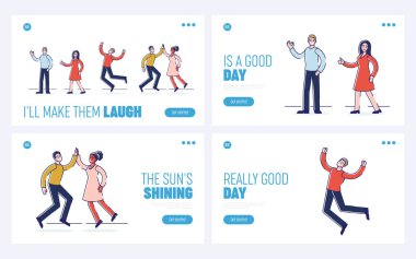 Concept Of Human Positive Emotions. Website Landing Page. Groups Of Happy People Are Expressing Positive Emotions By Giving Signs. Set Of Web Pages Cartoon Flat Outline Linear Vector Illustrations clipart