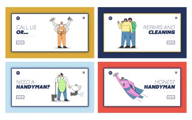 Becerikli İnsanlar Konsepti. Web sitesi İniş Sayfası. Hızlı Ev Tamiri ve Yenileme için İş Aletleri ve Ekipmanı Olan Üniformalı İşçiler. Web Sayfaları Çizgi Filmi Doğrusal Düz Vektör Resimleri