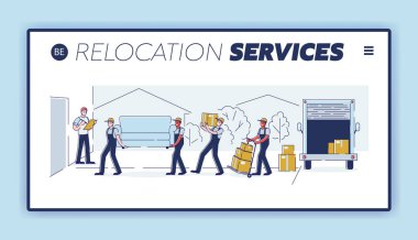 Yer değiştirme, Profesyonel Teslimat Şirket Yükleme Servisi ve Yeni Ev Sitesi İniş Sayfası. İşçiler, Mobilya Kutuları ve Mobilya Web Sayfası Afişi Taşır. Çizgi film Düz Vektör İllüstrasyonu, Satır Sanatı