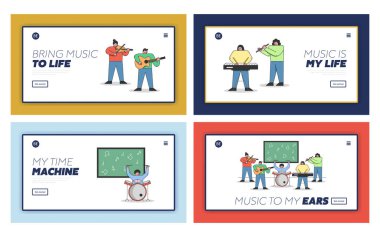 Müzik Eğitimi Konsepti. Web sitesi İniş Sayfası Set. Karakterler müzik okulunda farklı müzik enstrümanları çalmayı öğreniyor. Web Sayfaları Çizgi Filmi Çizgi Çizgisi Düz Vektör Resimleri