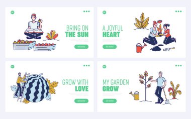 Hasat Toplama Konsepti. Web sitesi İniş Sayfası. İnsanlar çiftlikte birlikte çalışır, bitki yetiştirir, bahçede meyve toplar. Web Sayfaları Çizgi Filmi Çizgi Çizgisi Düz Vektör Resimleri