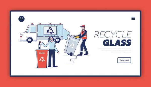 Website Landing Page Of Recycling Concept.Woman is válogatás szemetet Dobás üveg újrahasznosítás Bin.Refuse Collector Betöltése Hulladék a kukába teherautó.Honlap Cartoon Outline Flat Vector Illusztráció — Stock Vector