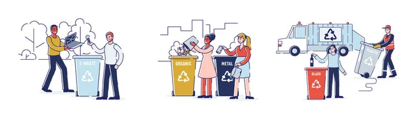 Ανακύκλωση Έννοια αποβλήτων. Ο κόσμος ταξινομεί σκουπίδια και πετάει διαφορετικούς τύπους σκουπιδιών σε κατάλληλα δοχεία ανακύκλωσης. Σύνολο κινούμενων σχεδίων Περίγραμμα επίπεδη διανυσματικές απεικονίσεις — Διανυσματικό Αρχείο