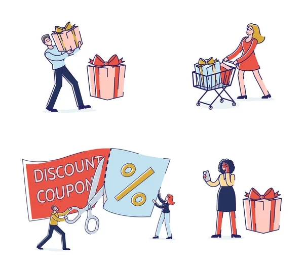 Conceito de Programa de Lealdade, Descontos. Homens e mulheres fazem compras usando cupom de desconto. Personagens Comprar coisas e presentes para feriados à venda. Conjunto de Desenhos animados Esboço ilustração vetorial linear —  Vetores de Stock