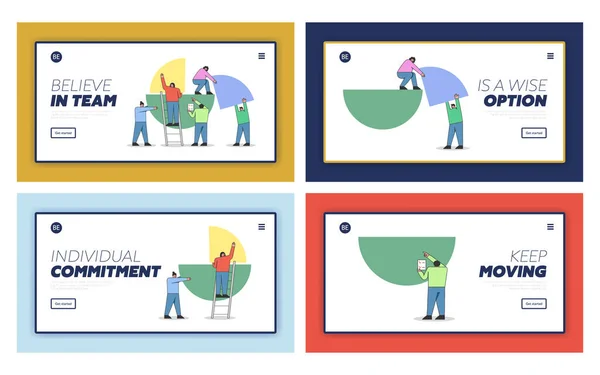 Konsep Teamwork, Membentuk Laporan Bisnis. Situs web Landing Page.People Connecting Together Pieces Of Pie Charts, Forming Statistics.Set Of Web Pages Cartoon Outline Linear Flat Vector Illustrations - Stok Vektor