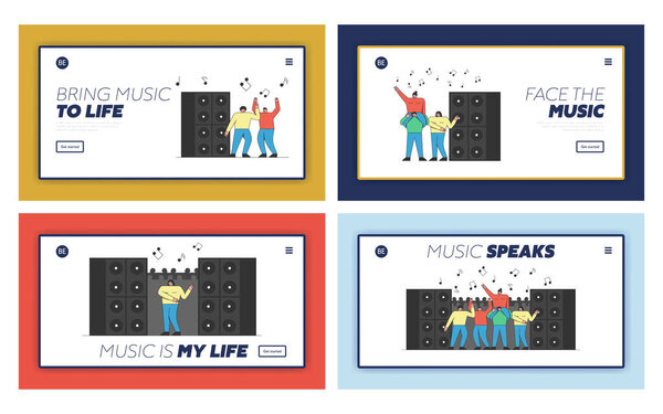 Dance Party Landing Page Set. People Are Having Fun And Dancing In Disco Club. Set Of Banners For Website. Web Page Cartoon Outline Linear Flat Vector illustration