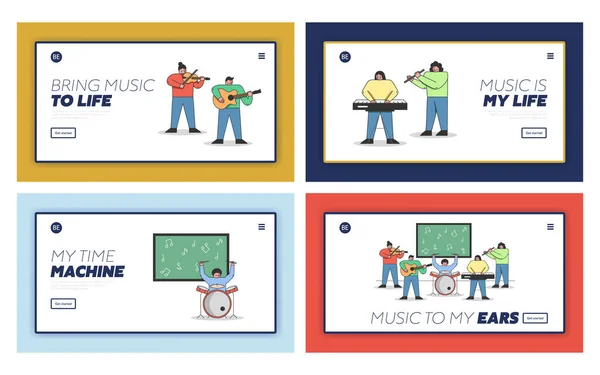 Musikpedagogiskt koncept. Webbplats Landning Page Set. Karaktärer lär sig att spela olika musikinstrument på musikskolan. Uppsättning av webbsidor Tecknad linjär kontur Platt vektor Illustrationer — Stock vektor