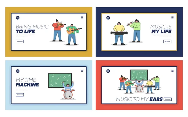 Concetto di educazione musicale. Pagina di destinazione del sito Web Set. I personaggi stanno imparando a suonare diversi strumenti musicali alla scuola di musica. Serie di pagine web fumetto lineare contorno piatto vettoriale illustrazioni — Vettoriale Stock