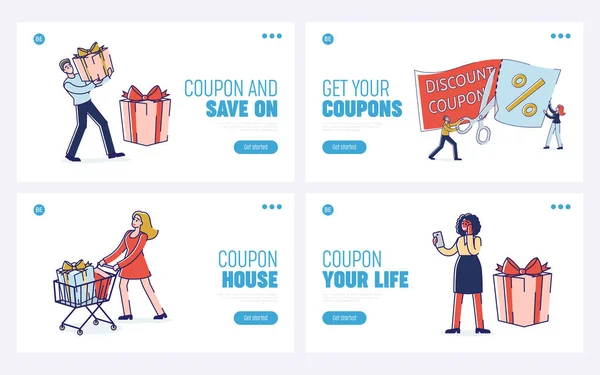 Concepto del Programa de Lealtad. Página de destino del sitio web. Los personajes masculinos y femeninos hacen compras para las vacaciones en venta usando cupón de descuento. Conjunto de páginas web Dibujos animados Esquema lineal Vector Ilustración — Vector de stock