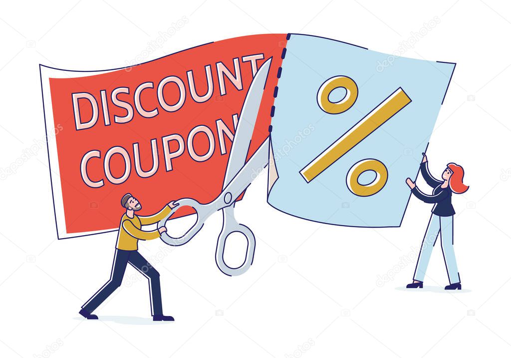 Concept Of Loyalty Program, Discount and Customer Service. Happy People Shopping Using Discount Coupon. Male and Female Characters Cut Discount Label. Cartoon Outline Linear Flat Vector Illustration