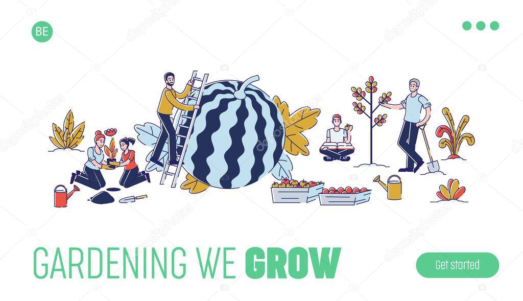 Gathering Harvest Concept. Website Landing Page. Group Of People Work Together, Planting Flowers And Trees, Gathering Fruits in The Garden. Web Page Cartoon Linear Outline Flat Vector Illustration