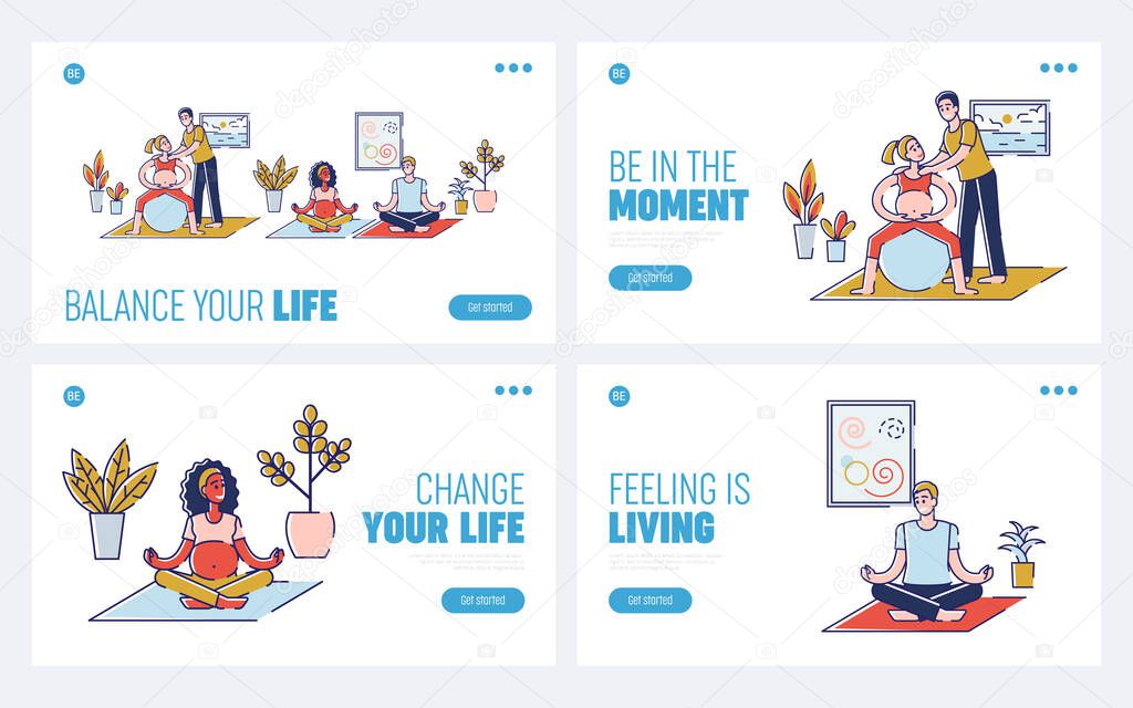 Concept Of Yoga For Pregnant, Sport Activities. Website Landing Page. Happy People Leading a Healthy Lifestyle Exercising In The Gym. Set Of Web Pages Cartoon Outline Linear Flat Vector Illustrations