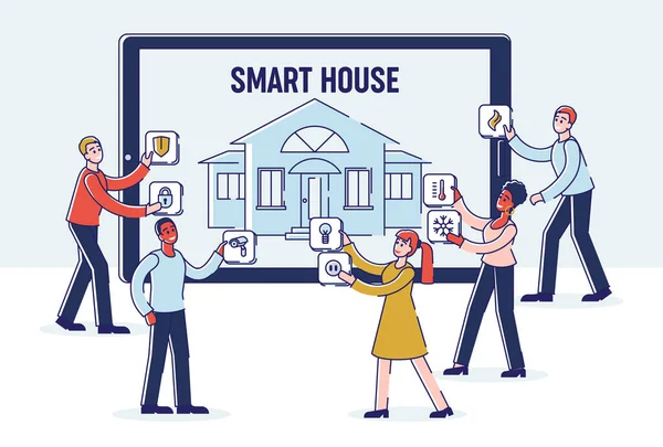 Concepto de la aplicación móvil Smart House. Tecnología Smart Home. La gente está ajustando la tecnología de inteligencia de la casa inteligente en una tableta enorme. Servicios de aplicaciones móviles. Dibujos animados Esquema lineal Ilustración de vectores planos — Archivo Imágenes Vectoriales