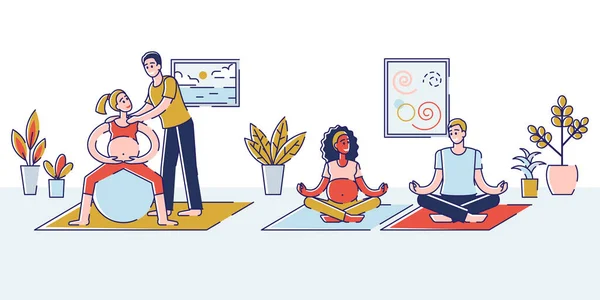 Concetto di Yoga per Incinta, Sport Fitness Attività. Coppie felici Gli uomini e le donne in attesa del bambino si esercitano in palestra. I mariti aiutano le mogli. Illustrazione lineare del vettore piatto del profilo del fumetto — Vettoriale Stock