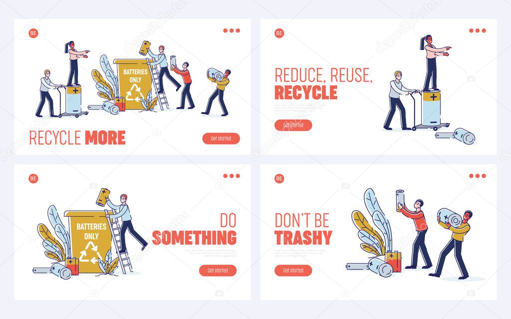 Concept Of Used Batteries Recycling. Website Landing Page. People are Collecting And Throwing Used Batteries Into Garbage Container. Set Of Web Pages Cartoon Linear Outline Flat Vector illustrations