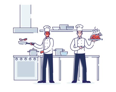 Restoran Çalışma Süreci, Hizmet ve Personel Konsepti. İş yerindeki Restoran Personeli. Karakterleri Olan Ticari Mutfak Şefleri Müşteriler için Yemek Pişiriyor. Çizgi film Çizgi Çizgisi Düz Vektör İllüstrasyonu