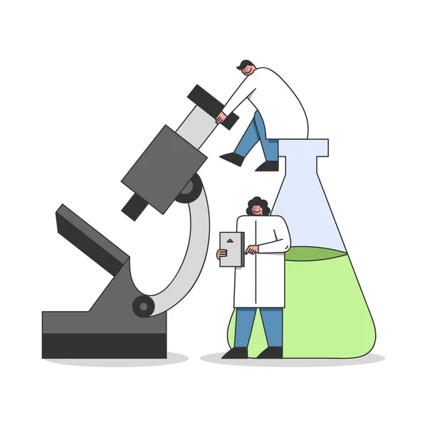 Laboratorieförsökskoncept. Kemi och laboratorieteknik gör ett kemiskt experiment med mikroskop och kemisk reagens. Tecknad linjär kontur platt stil. Vektor Illustration — Stock vektor