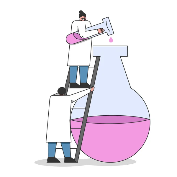 Laboratory Exploring And Experiments Konzept. Chemie und Labortechniker machen unter Laborbedingungen ein chemisches Experiment. Cartoon Linear Outline Flacher Stil. Vektorillustration — Stockvektor