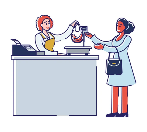 Het concept van de slagerij. Vrouwelijk karakter is het kopen van vleesproducten, staande bij het register in de slagerij winkel. Shop Assistent Gewicht en Verkoop producten. Cartoon Linear Outline Flat Vector Illustratie — Stockvector