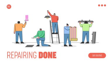 Ev Tamiri, Bir Evin Modernizasyonu. Web sitesi İniş Sayfası. Duvarları boyarlar, fayans döşerler, tavan lambası döşerler, duvar kağıdı ve rafları tamir ederler. Web Sayfası Çizgi Filmi Doğrusal Ana Hattı Vektör İllüstrasyonu