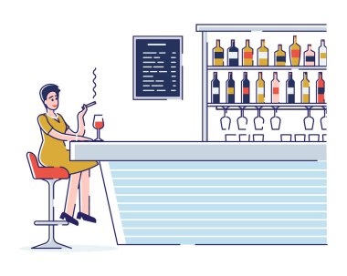 Barda Boş Zaman kavramı. Neşeli kadın bar tezgahında oturur ve sigara içerken ve alkol içerken iyi vakit geçirir, eğlenir. Dişi Karakter dinleniyor. Çizgi film Çizgi Çizgisi Düz Vektör İllüstrasyonu