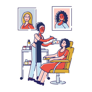 Güzellik salonu konsepti. Kadın kozmetik uzmanı Güzellik Salonu 'nda müşteriye makyaj yapıyor. Uzman, ruj sürüp, yüz ve gözler için gölge ekliyor. Çizgi film Ana Hattı Doğrusal Düz Vektör İllüstrasyonu