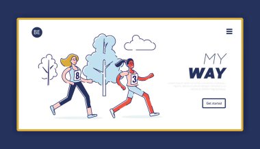 Koşu maratonu konsepti, sağlıklı yaşam tarzı. Web sitesi İniş Sayfası. Kadınlar Maraton koşuyor. Sağlıklı Koşu Sporcuları Koşuyor. Web Sayfası Çizgi Filmi Çizgisel Düz Vektör İllüstrasyonu