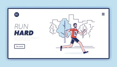 Koşu maratonu konsepti. Web sitesi İniş Sayfası. Spor Kıyafetli Sporcu Koşu Maratonu. Sağlıklı Koşu Sporcuları Koşusu. Web Sayfası Çizgi Çizgi Çizgi Çizgi Çizgi Çizgisi Düz Stili. Vektör İllüstrasyonu