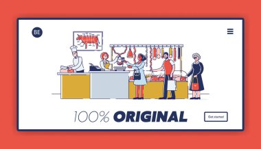 Butchery Shop Concept. Website Landing Page. People Are Choosing And Buying Fresh Meat And Meat Products Standing In A Queue In Butchery Shop. Web Page Cartoon Linear Outline Flat Vector Illustration clipart