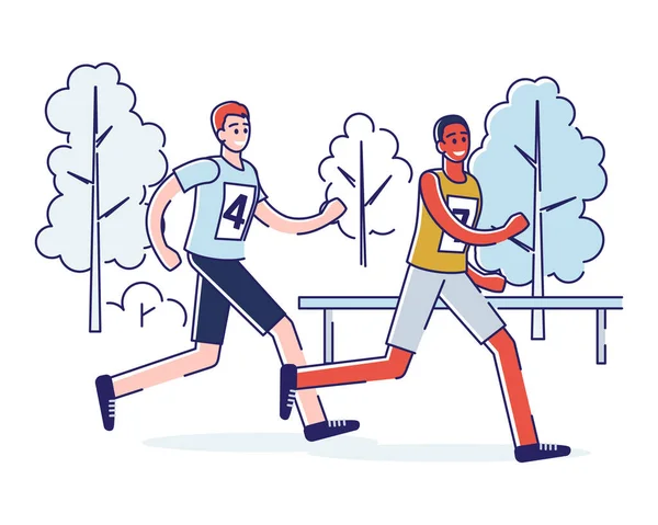Begreppet löpning maraton och hälsosam livsstil. Sportskyttar springer maraton. Friska Running Marathon idrottare Sprinting. Fitness människor tränar. Tecknad linjär kontur Platt vektor Illustration — Stock vektor
