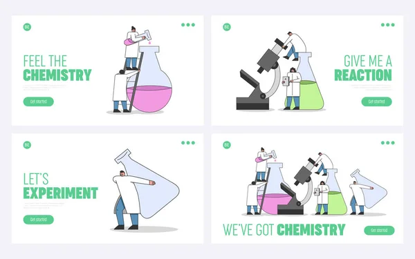 Konzept für Laborexperimente. Website Landing Page. Team von Chemikern und Labortechnikern führt chemische Experimente durch. Set von Webseiten Cartoon Linear Outline Flache Vektorillustrationen — Stockvektor