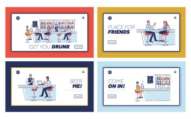 Bar Hobi Konsepti. Web sitesi İniş Sayfası. İnsanlar bar tezgahında iyi vakit geçiriyorlar. Karakterler konuşur, alkol içer. Web Sayfaları Çizgi Filmi Doğrusal Düz Vektör Resimlemesi