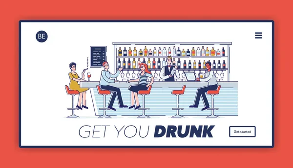 Website Landing Page. Barkeeper machen leckere Cocktails. Die Leute haben eine gute Zeit an der Theke zu kommunizieren. Charaktere reden, trinken Alkohol. Web-Seite Cartoon Outline Linear Flat Vector Illustration — Stockvektor