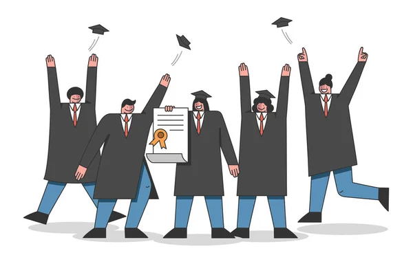 Begreppet universitetskurser och examen. Studenter firar slutet av akademisk utbildning. Man och kvinna i akademiska klänningar innehar ett diplom. Tecknad linjär kontur platt stil. Vektor Illustration — Stock vektor