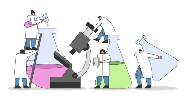 Concetto di esperimenti di laboratorio. Il team di chimici e tecnici di laboratorio sta facendo un esperimento chimico in condizioni di laboratorio. Illustrazioni vettoriali piatte a contorno lineare del fumetto — Vettoriale Stock