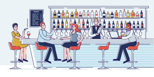 Concetto di riunioni in un bar. Le persone si divertono a comunicare al bancone di un bar. I personaggi maschili e femminili stanno parlando, bevendo alcol. Illustrazione lineare del vettore piatto del profilo del fumetto — Vettoriale Stock