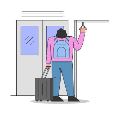 Çevresel Toplu Taşımacılık kavramı. Metroya, metroya ya da metroya binen kadın karakteri. Kadın toplu taşıma kullanıyor. Çizgi film Çizgi Çizgisi Düz Vektör İllüstrasyonu